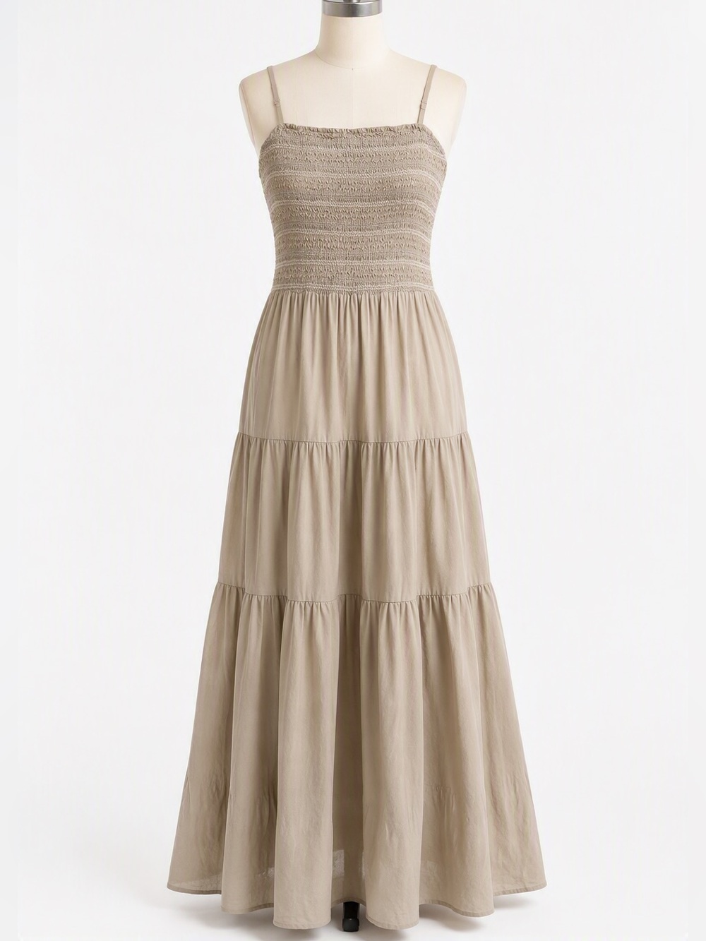 Zara Neutral Taupe beige Smocked Tiered Maxi Dress size small
